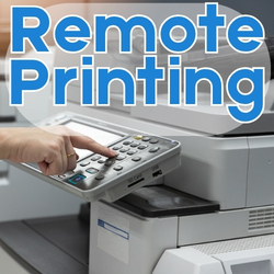 Person using the control panel of a library printer beneath the words 'Remote Printing,' promoting printing services available through the library.