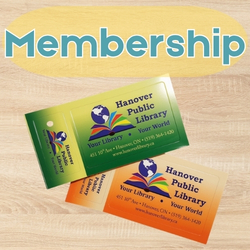 "Two Hanover Public Library cards displayed on a wooden surface beneath the word 'Membership,' representing library membership and borrowing privileges."