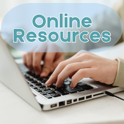 "Hands typing on a laptop keyboard with the words 'Online Resources' displayed above, representing the library's digital collections, databases, and online learning resources."