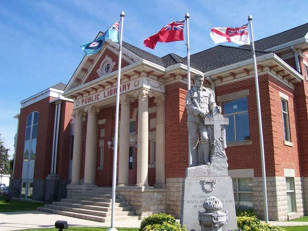 exterior photo of Hanover Library with cenotaph. Where the library service model study was presented to Hanover Council.