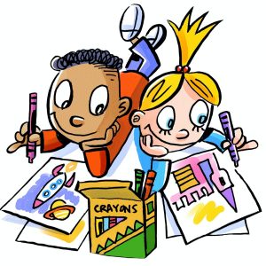 A kid in an orange shirt with dark, short curly hair drawing a rocket ship and planet and a long haired blonde child drawing a pink castle. A box of crayons sits between them.