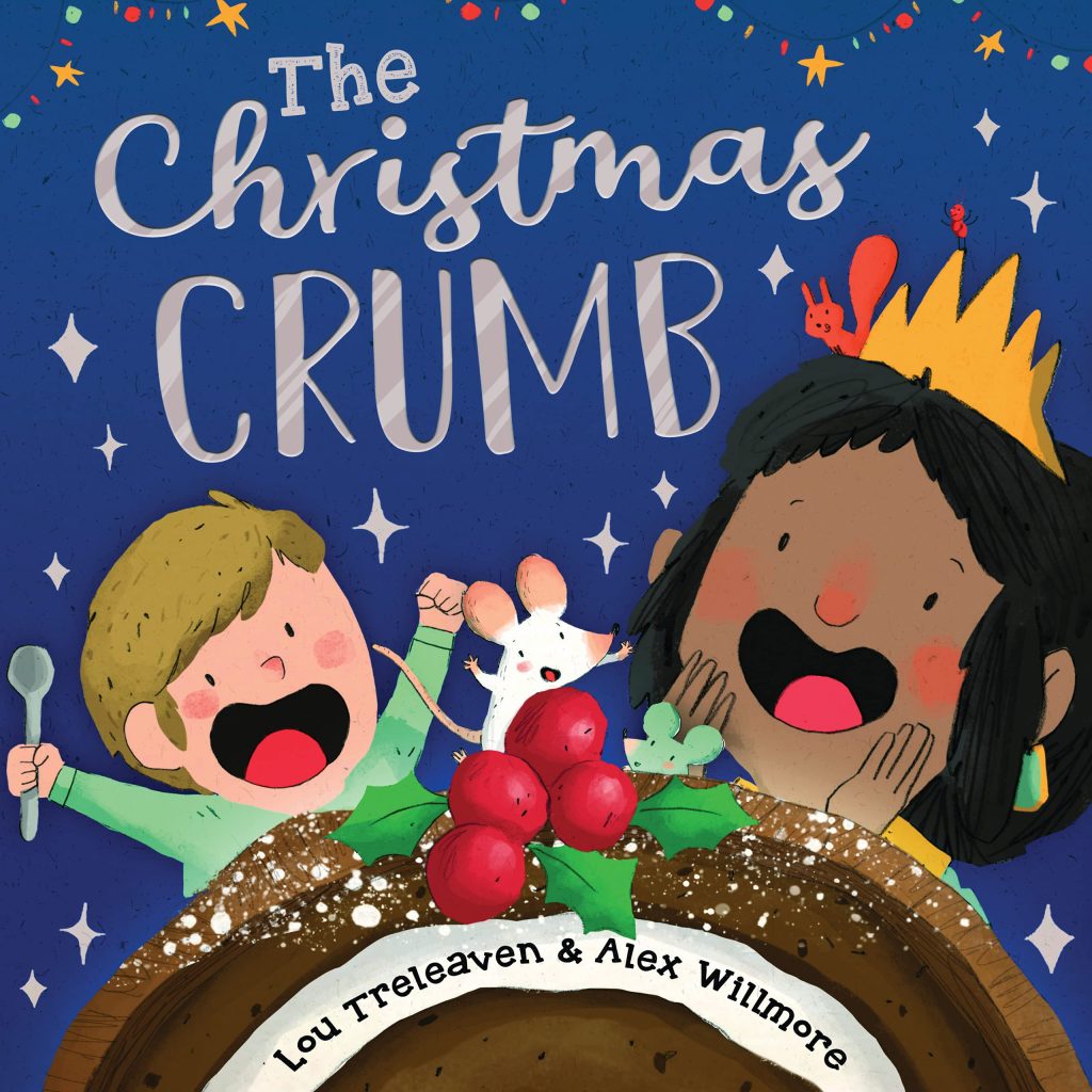 The Christmas Crumb by Lou Treleaven and Alex Willmore. 

A blonde child, a black haired child and two mice look at a chocolate Christmas roll excitedly. 