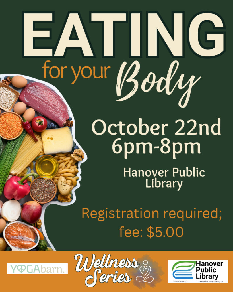 A Poster of event, with outline of a body with healthy foods inside.