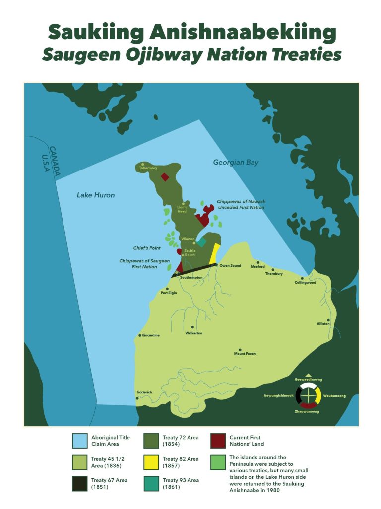 Map showing Traditional Territory of the Saukiing Anishnaabekiing Saugeen Ojibway Nation Treaties.  