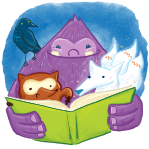 Decorative image. Four friends read a book together. 