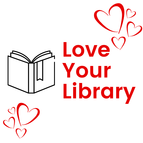 Love Your Library image with hearts and a book