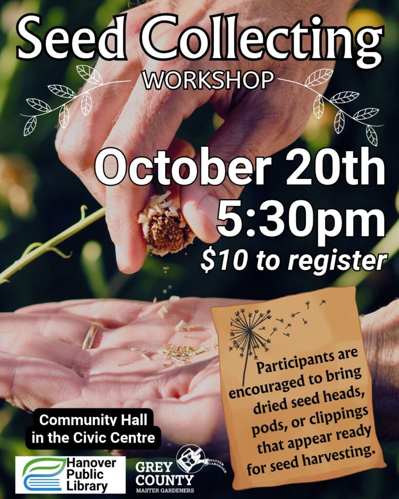 Hand collecting seeds from a flower. and the event information.