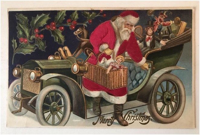Santa with toys in classic car. flyer image for memories of christmas past event.