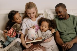 Family reading together.